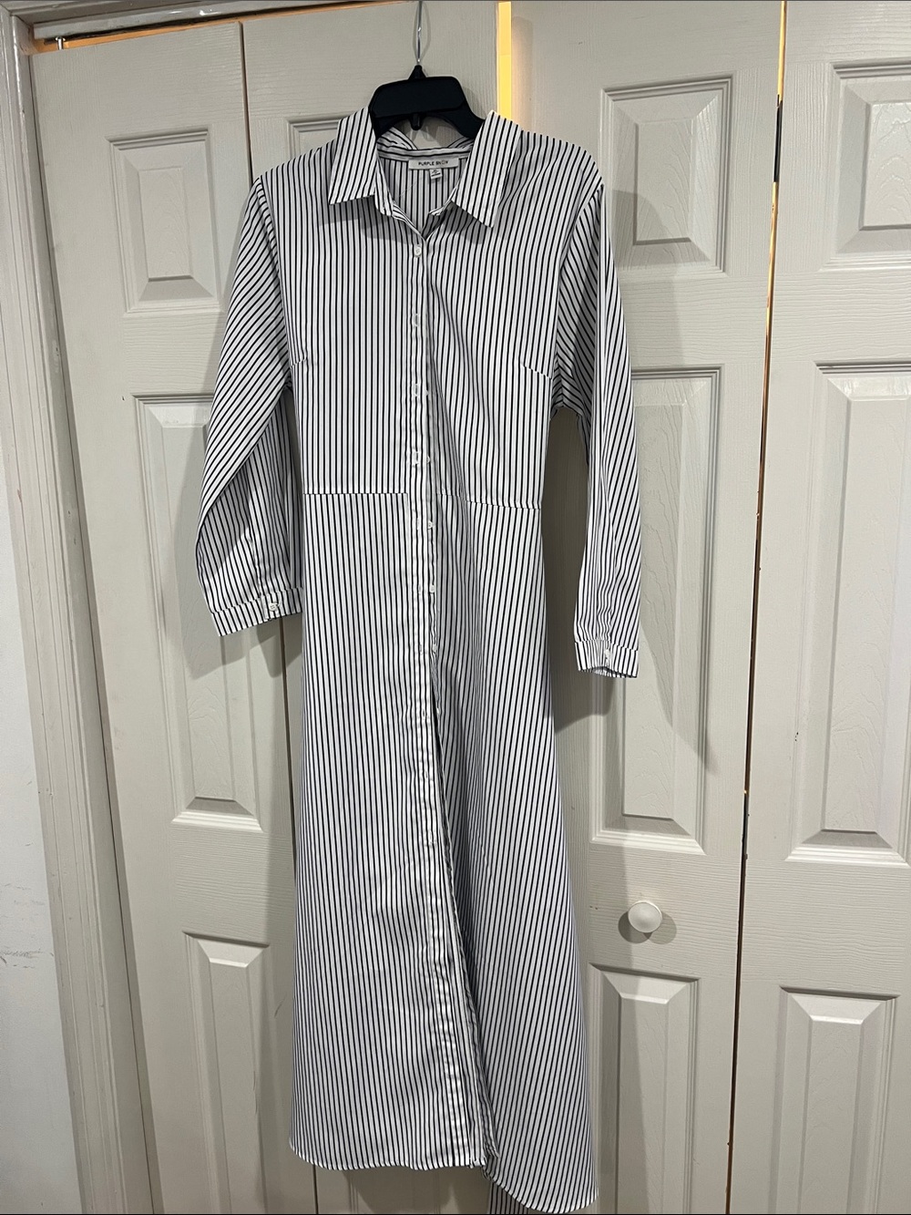 Long Vertical Stripe Button-Up Shirt Dress - Black & White